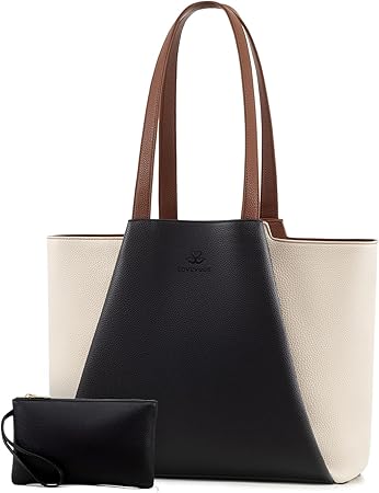 Lovevook Beige & Black  - Work Tote Bags for Women - PU Leather Laptop Tote Bag for Women with Clutch, Large Capacity Office Purse Computer Briefcase for Casual Business Travel